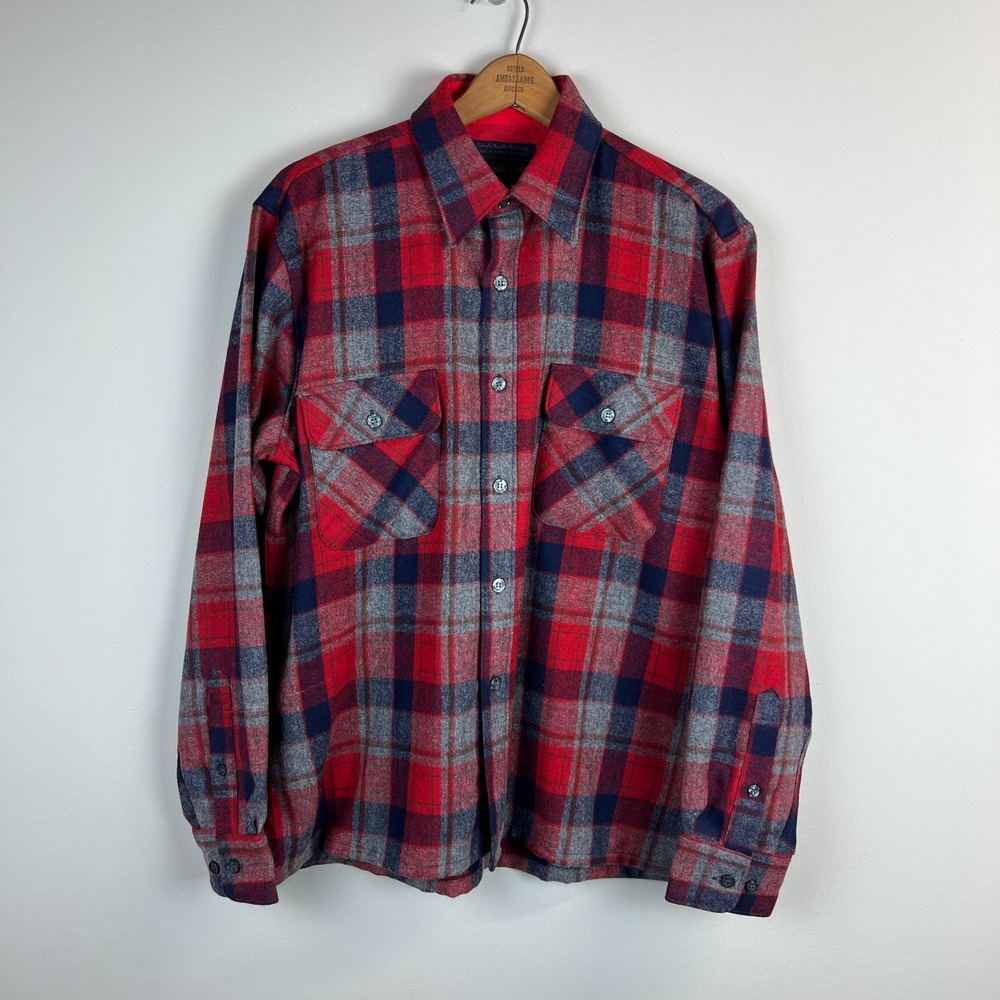 Vintage Woodland Flannel Shirt Mens Medium Red Plaid Wool Button Up Long Sleeve